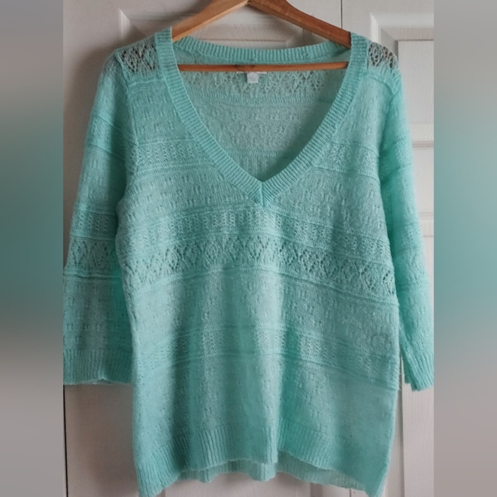 New York Company Sweater Pullover V Neck Open Weave Mint Icy Green Large